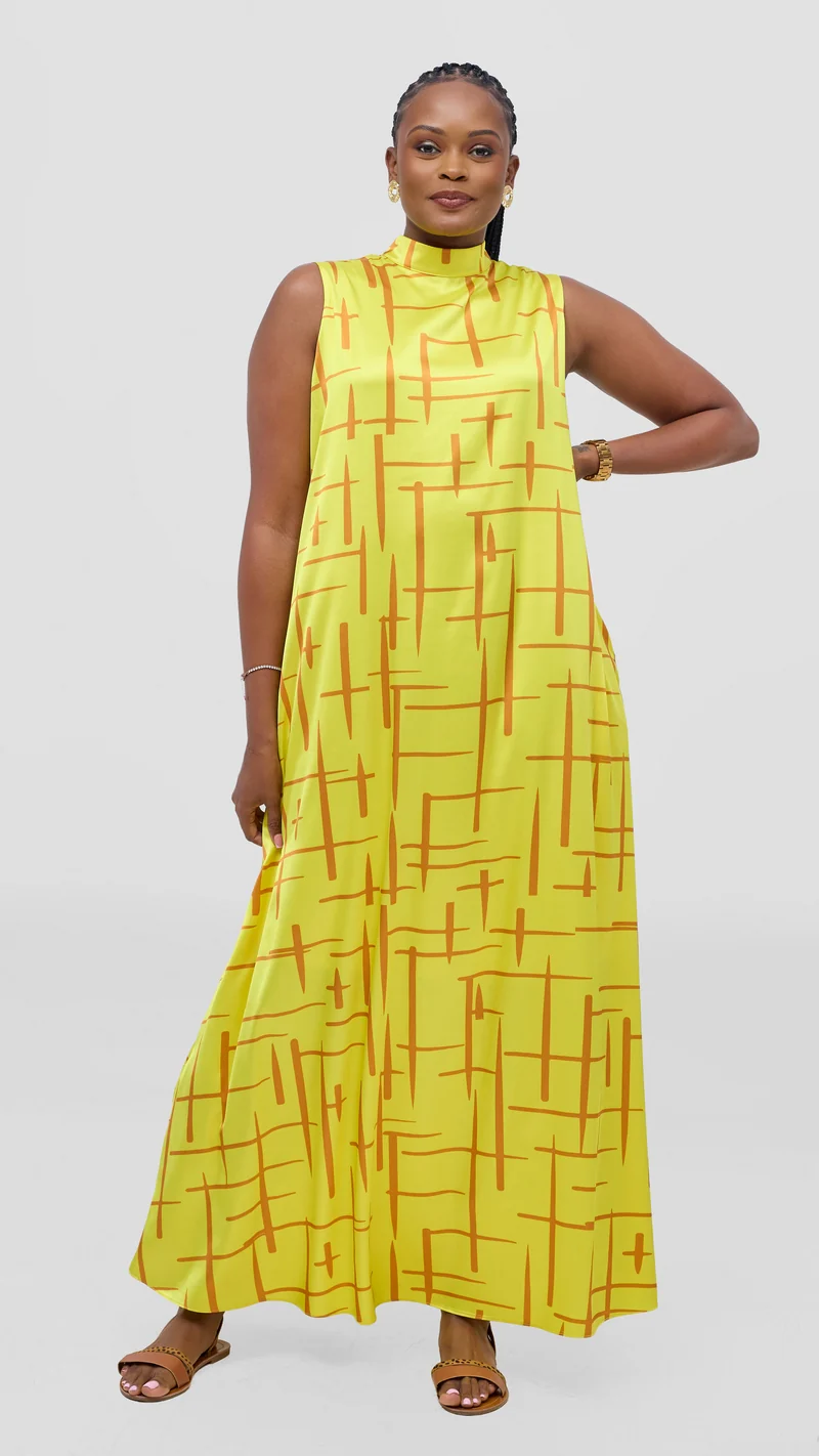 Vivo Thando Mock Neck Maxi Dress - Yellow / Rust Aria Print