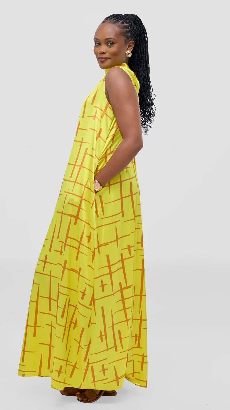 Vivo Thando Mock Neck Maxi Dress - Yellow / Rust Aria Print