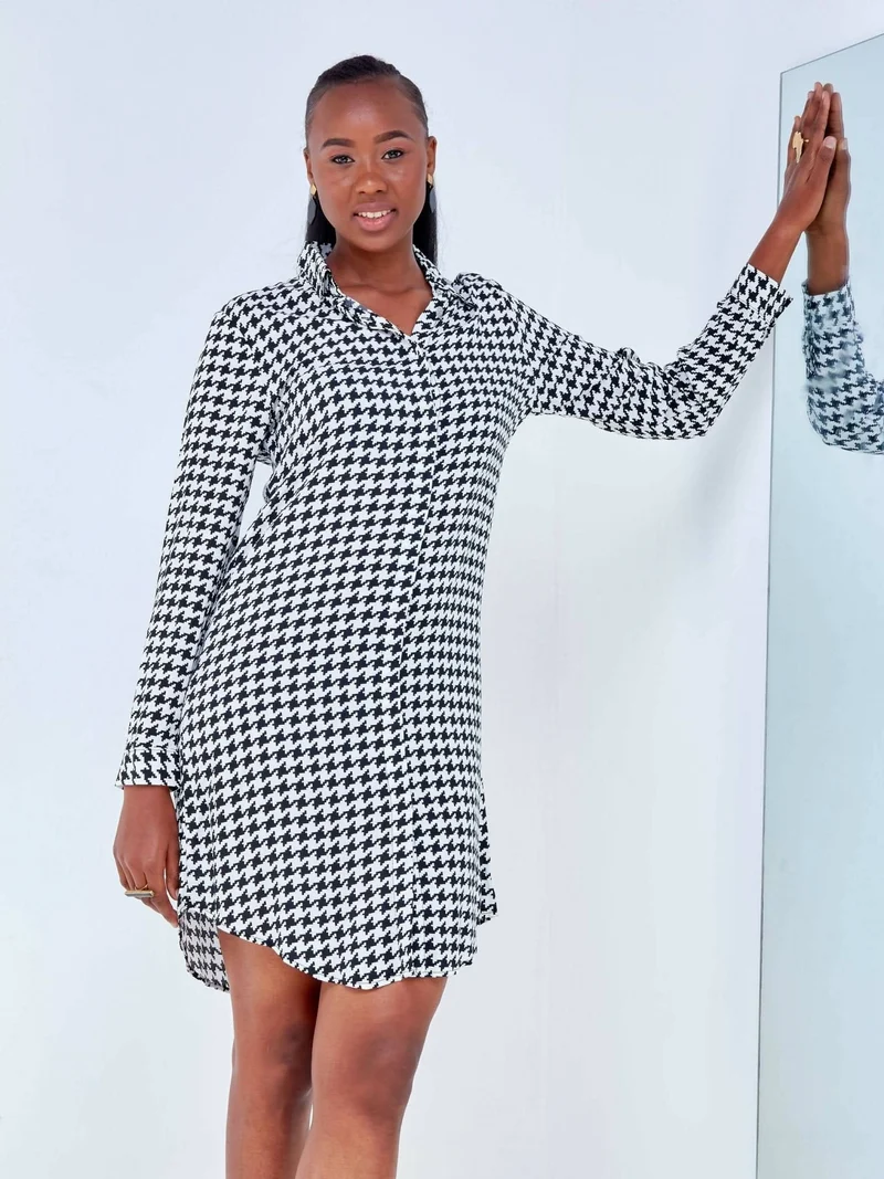 The Fashion Frenzy Dogtooth Shirt Dress - White / Black Print