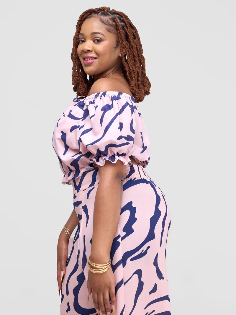 Zoya Shani Off Shoulder Crop Top - Navy / Peach Sani Print