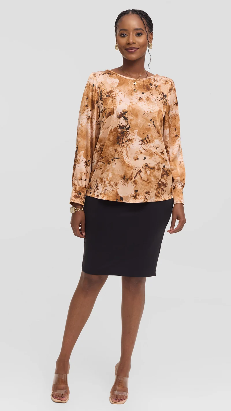 Vivo Tatili Bishop Long Sleeve Top in Satin - Beige Multicolor Print