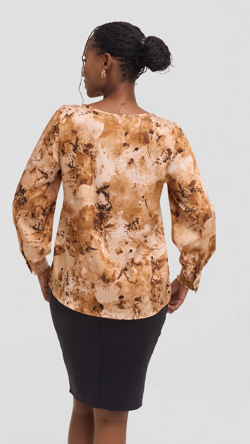 Vivo Tatili Bishop Long Sleeve Top in Satin - Beige Multicolor Print