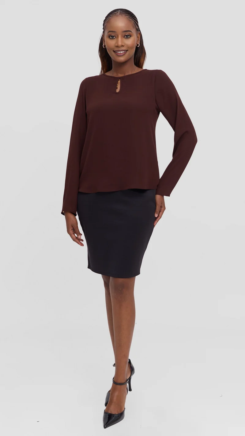Vivo Sierra Long Sleeve Top in Chiffon (Double Layered) - Chocolate