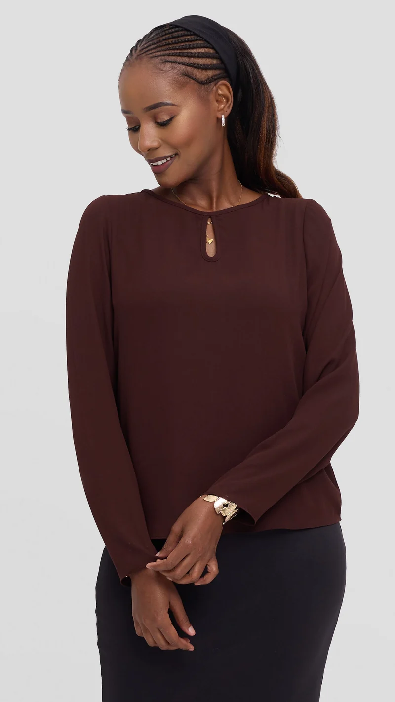 Vivo Sierra Long Sleeve Top in Chiffon (Double Layered) - Chocolate