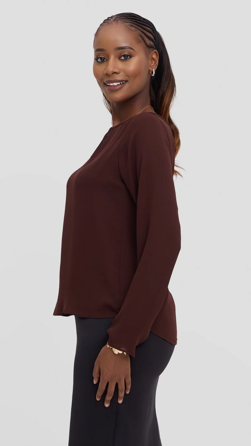 Vivo Sierra Long Sleeve Top in Chiffon (Double Layered) - Chocolate