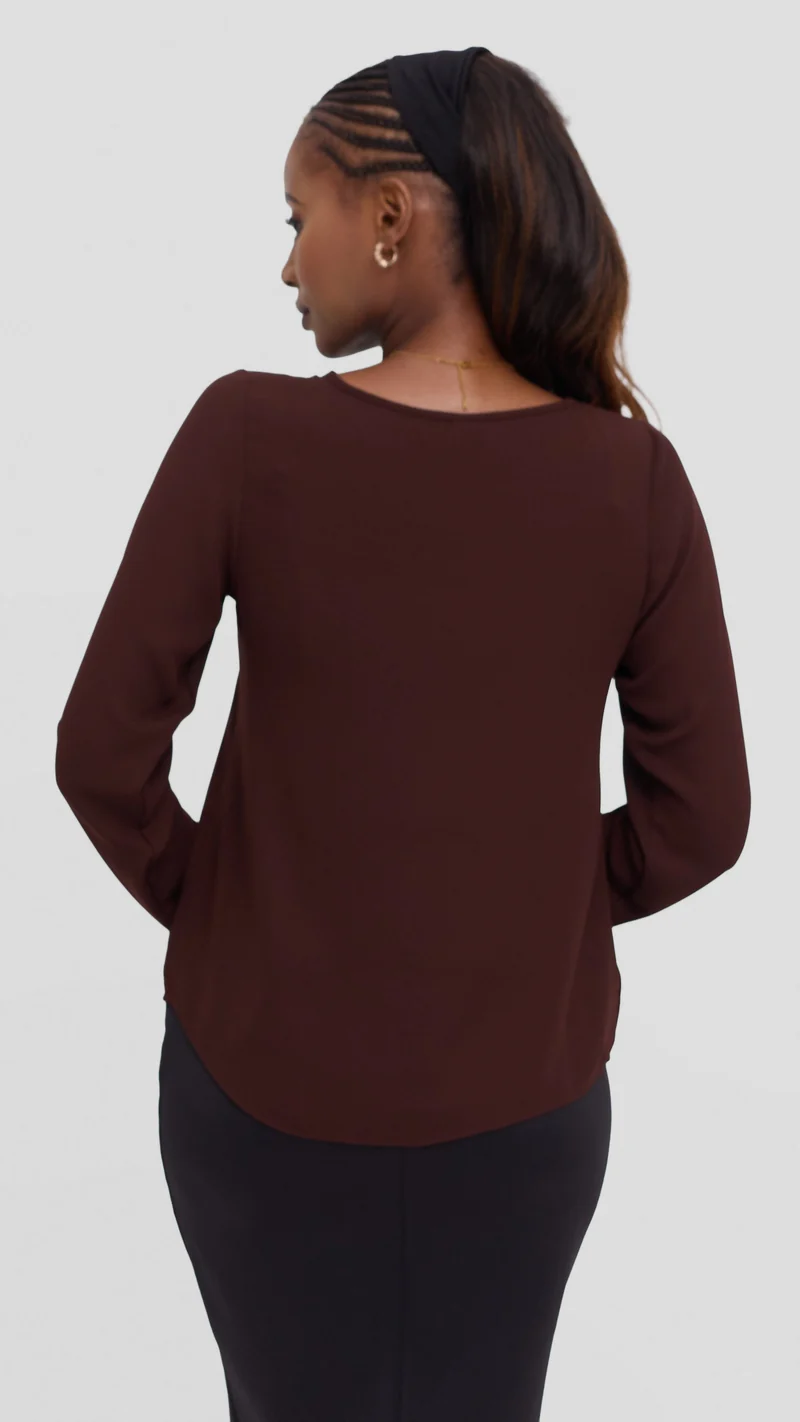 Vivo Sierra Long Sleeve Top in Chiffon (Double Layered) - Chocolate