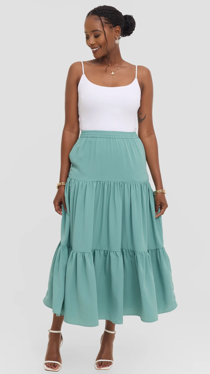 Vivo Liora Tiered Maxi Skirt in Crepe - Dusty Green