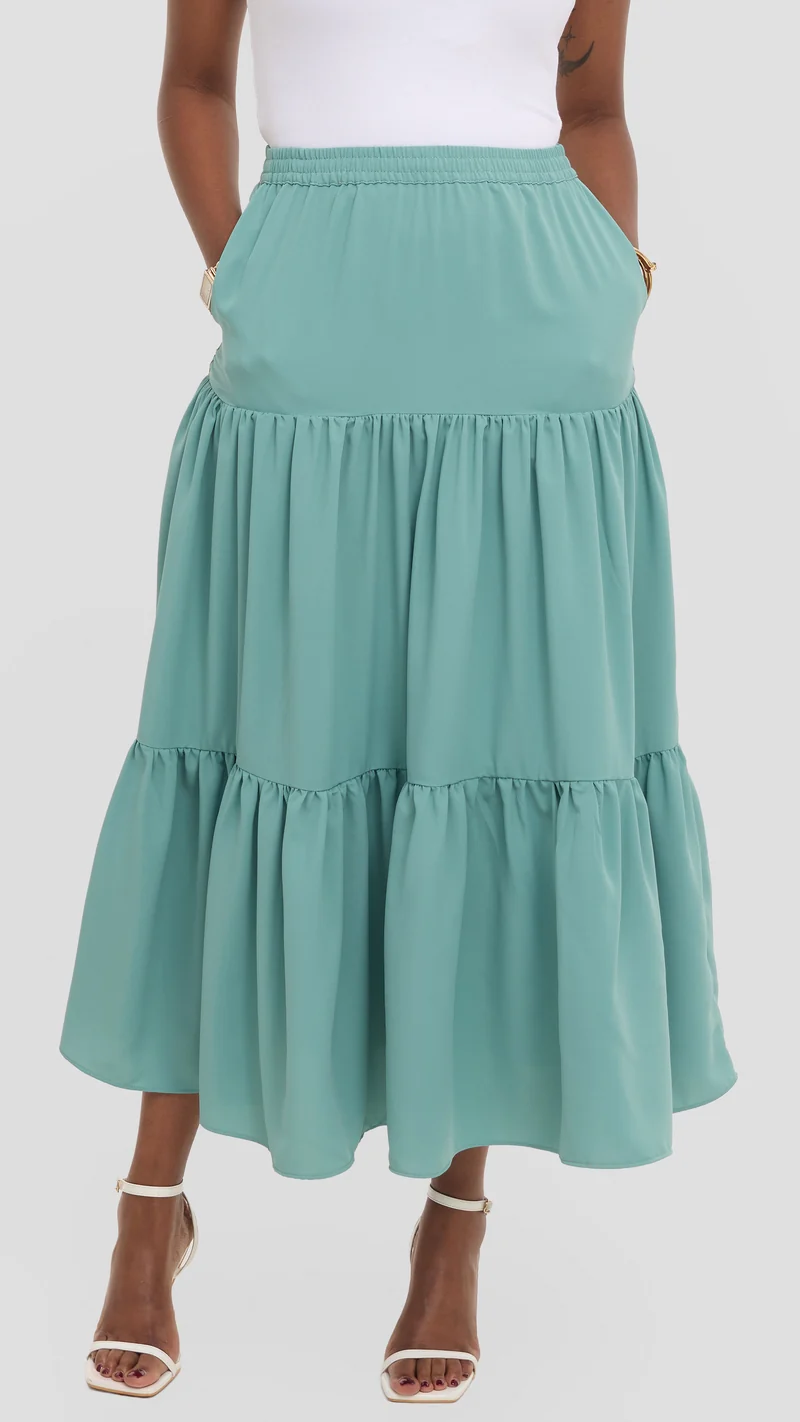 Vivo Liora Tiered Maxi Skirt in Crepe - Dusty Green