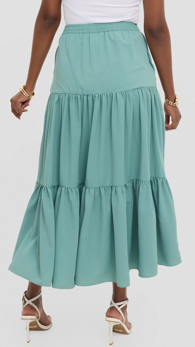 Vivo Liora Tiered Maxi Skirt in Crepe - Dusty Green