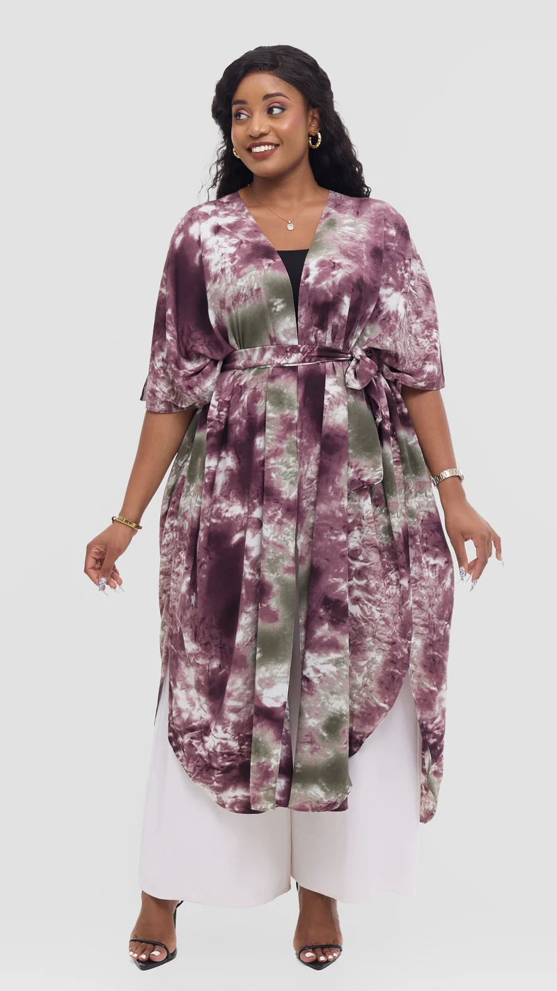 Vivo Scalloped Kimono in Crepe - Mulberry / Cream Print