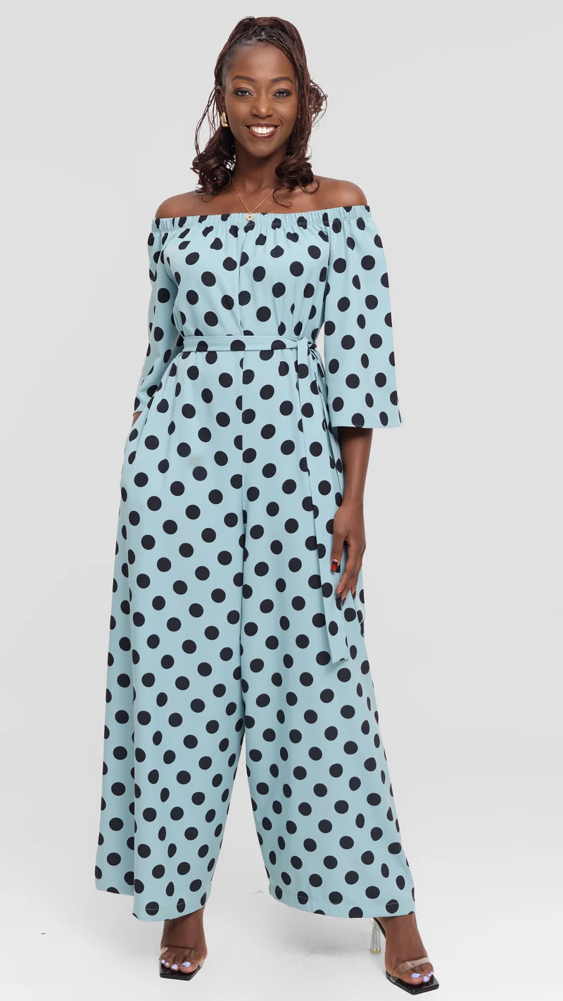 Vivo Off Shoulder Jumpsuit in Crepe - Mint / Black Polka