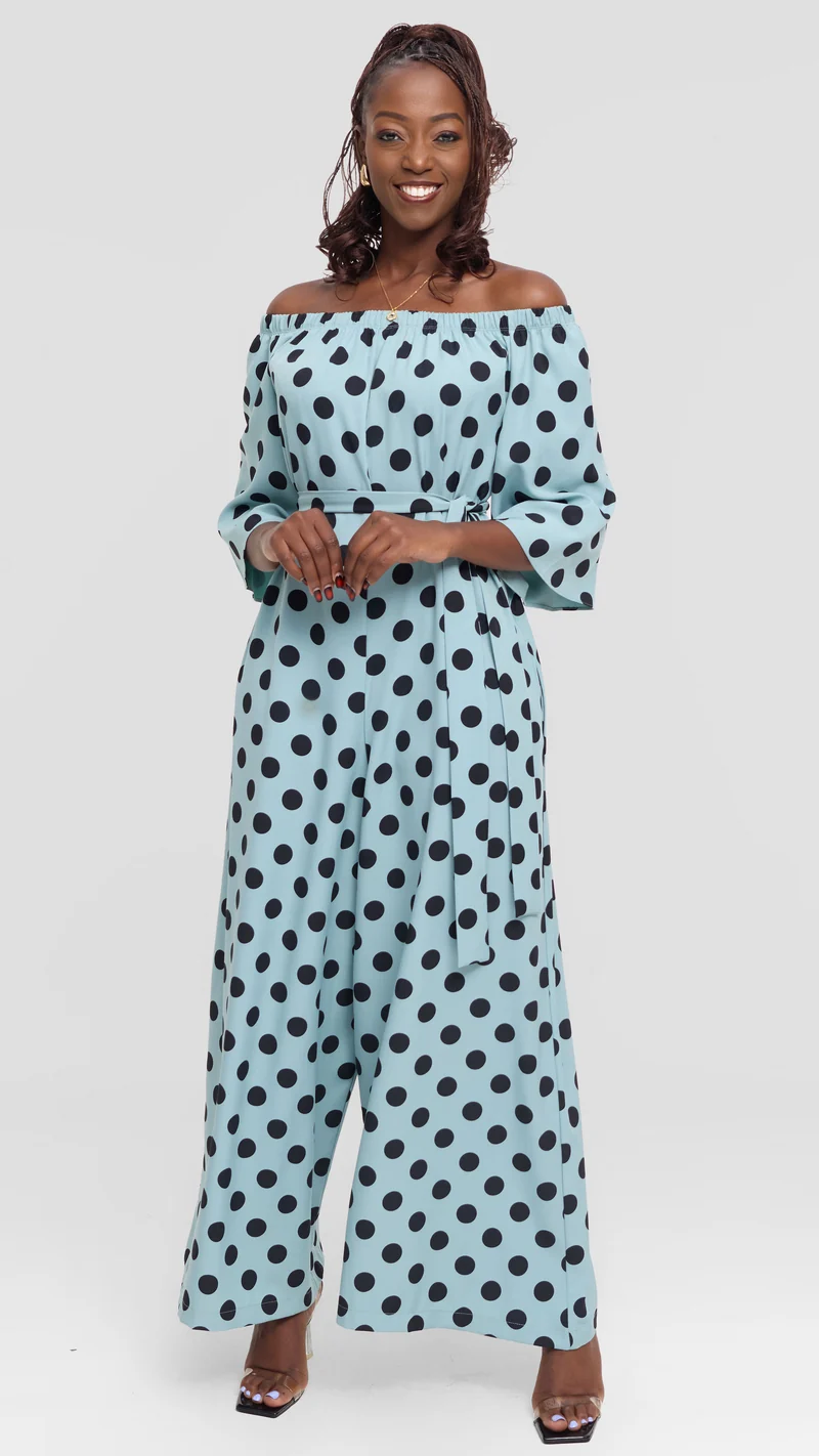 Vivo Off Shoulder Jumpsuit in Crepe - Mint / Black Polka