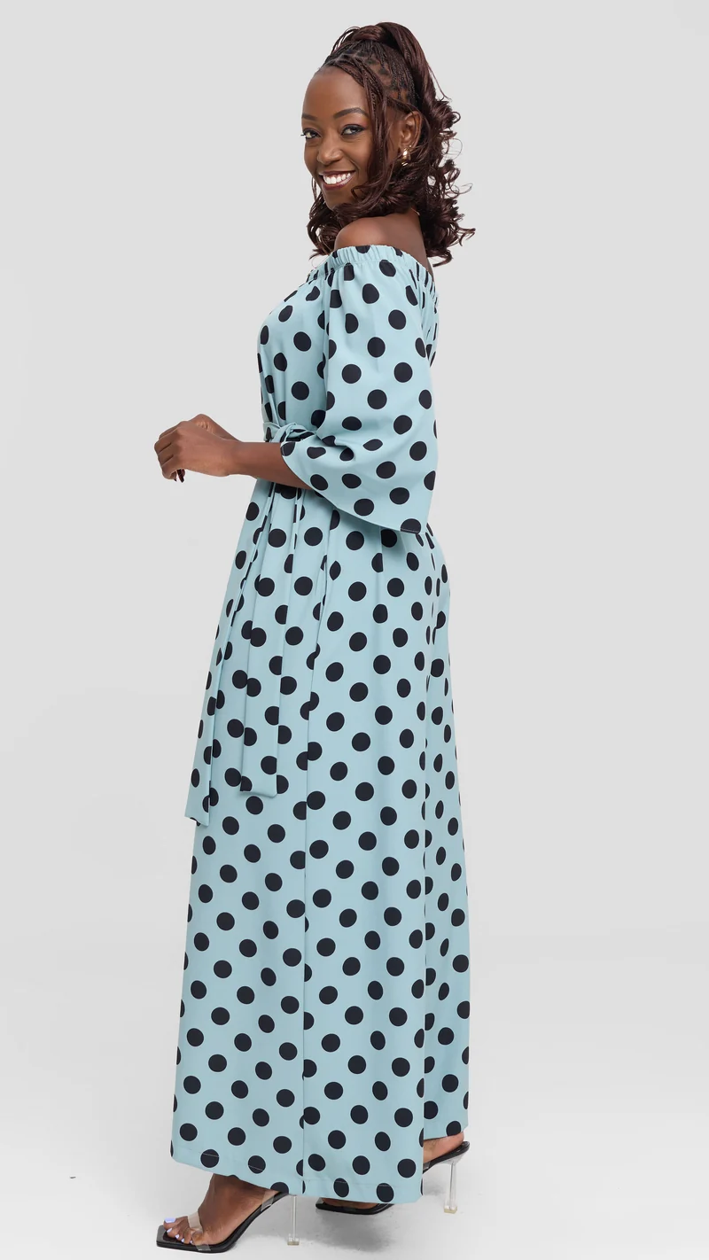 Vivo Off Shoulder Jumpsuit in Crepe - Mint / Black Polka