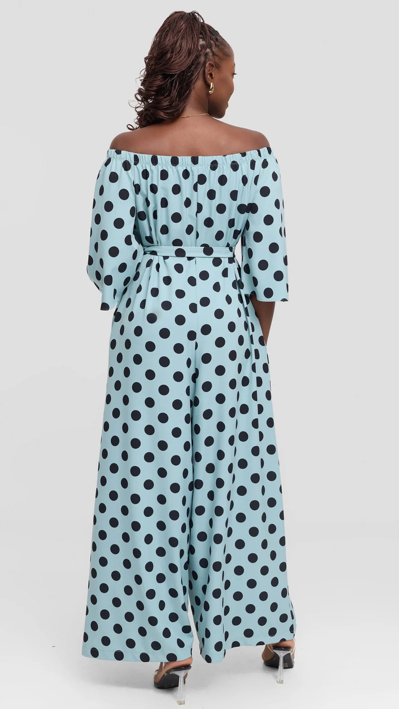 Vivo Off Shoulder Jumpsuit in Crepe - Mint / Black Polka