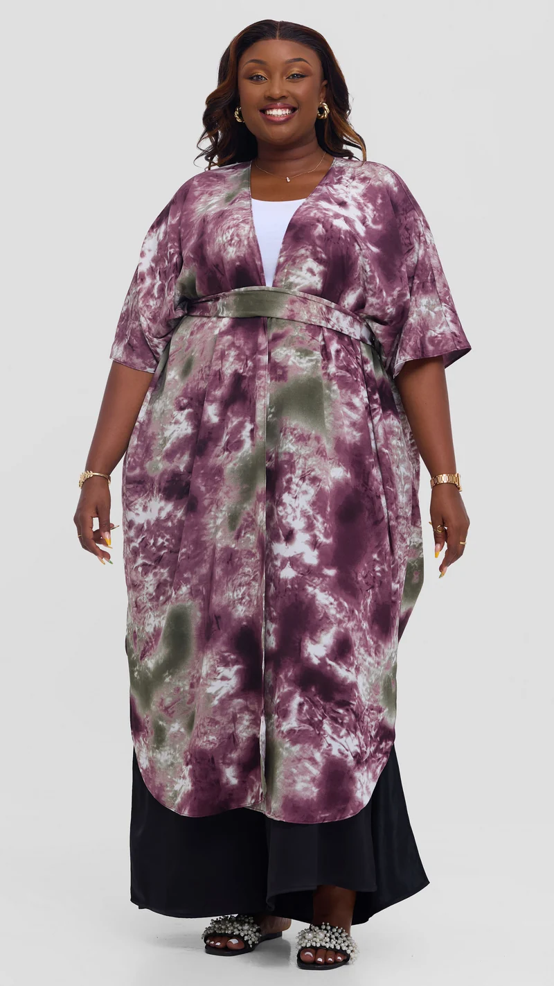Vivo Scalloped Kimono in Crepe - Maroon / Sage Print