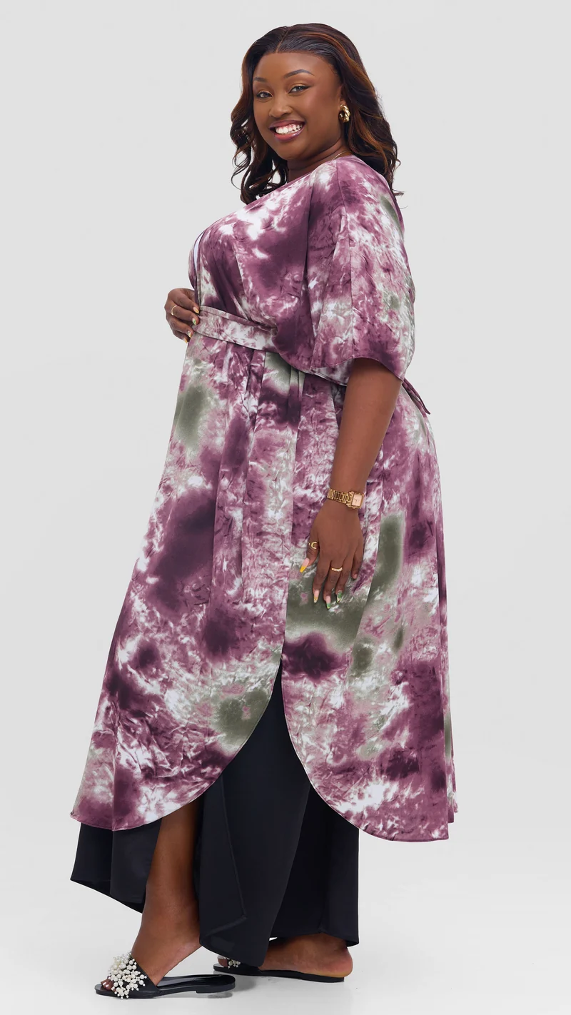 Vivo Scalloped Kimono in Crepe - Maroon / Sage Print