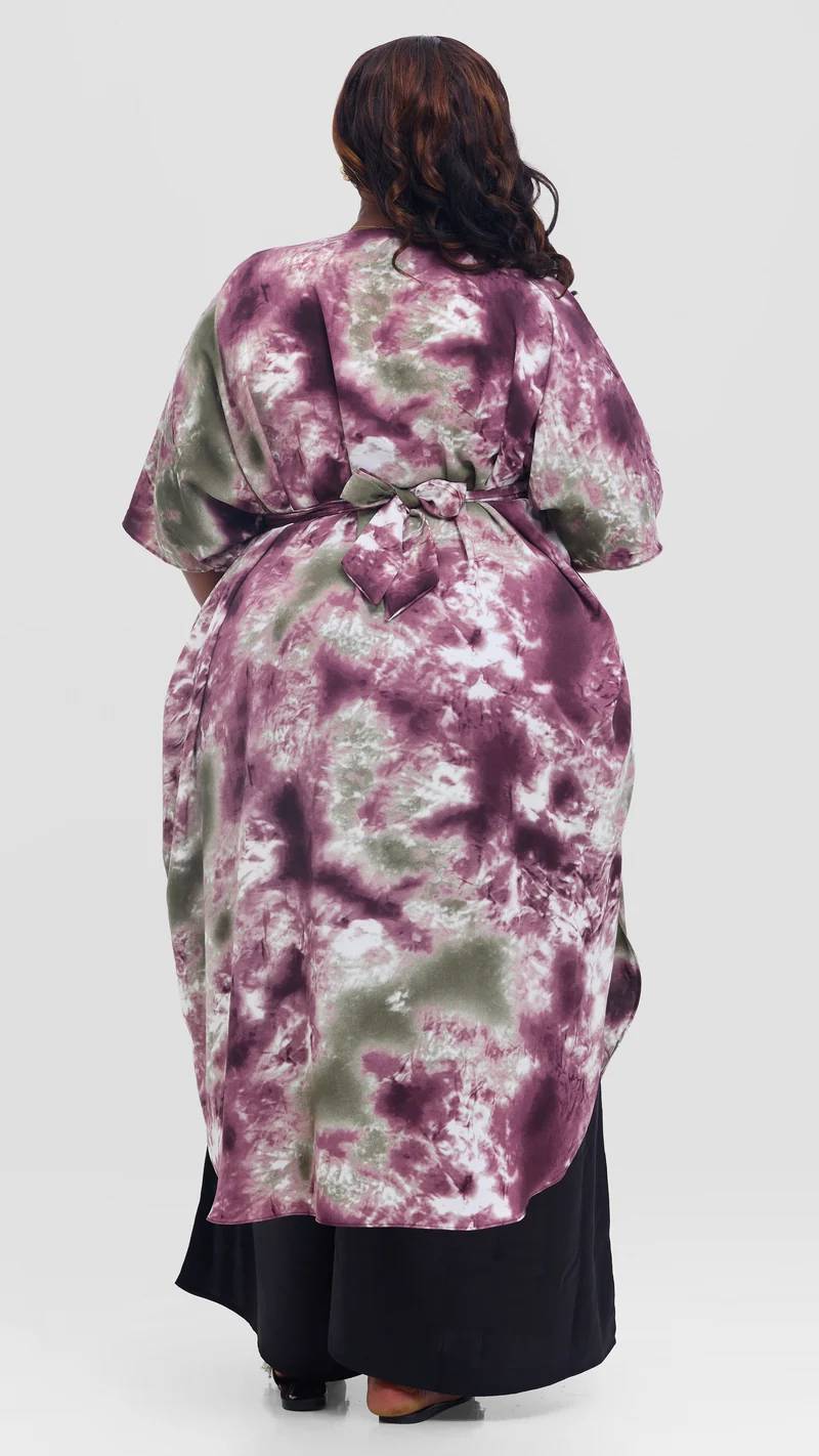 Vivo Scalloped Kimono in Crepe - Maroon / Sage Print