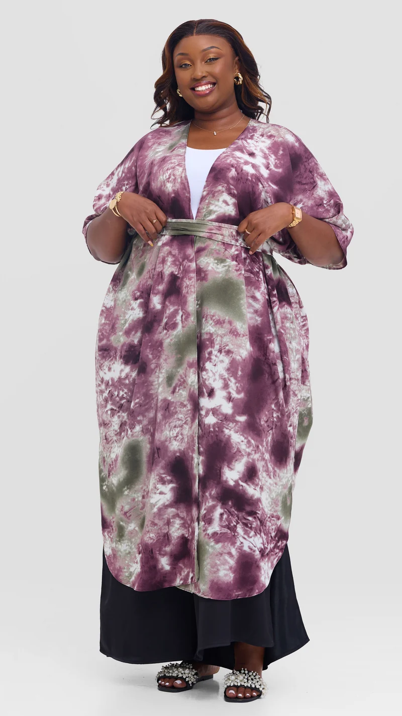 Vivo Scalloped Kimono in Crepe - Maroon / Sage Print