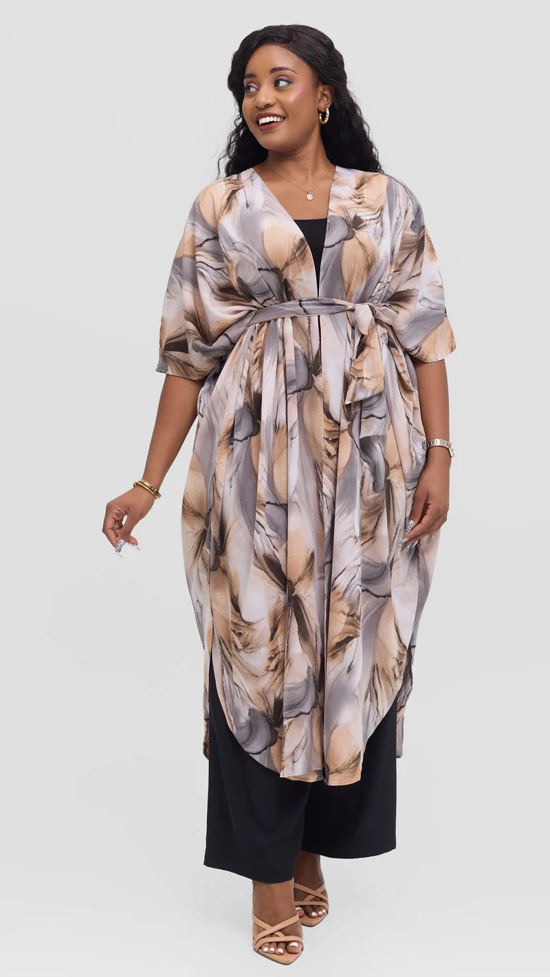 Vivo Scalloped Kimono in Crepe - Brown / Grey Print