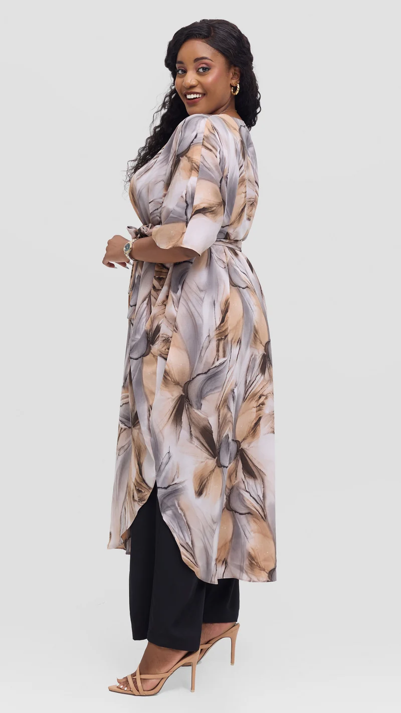 Vivo Scalloped Kimono in Crepe - Brown / Grey Print