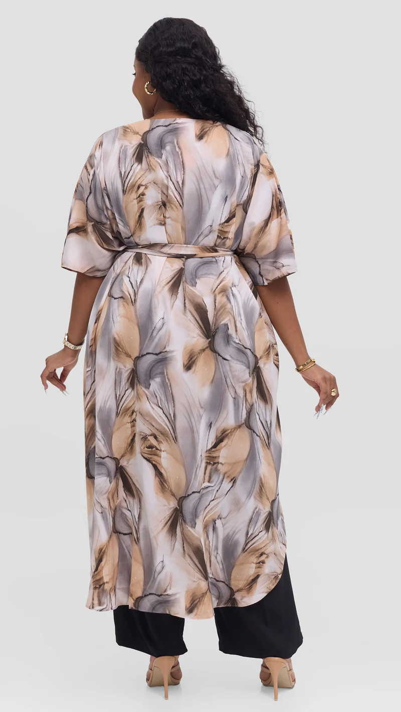 Vivo Scalloped Kimono in Crepe - Brown / Grey Print