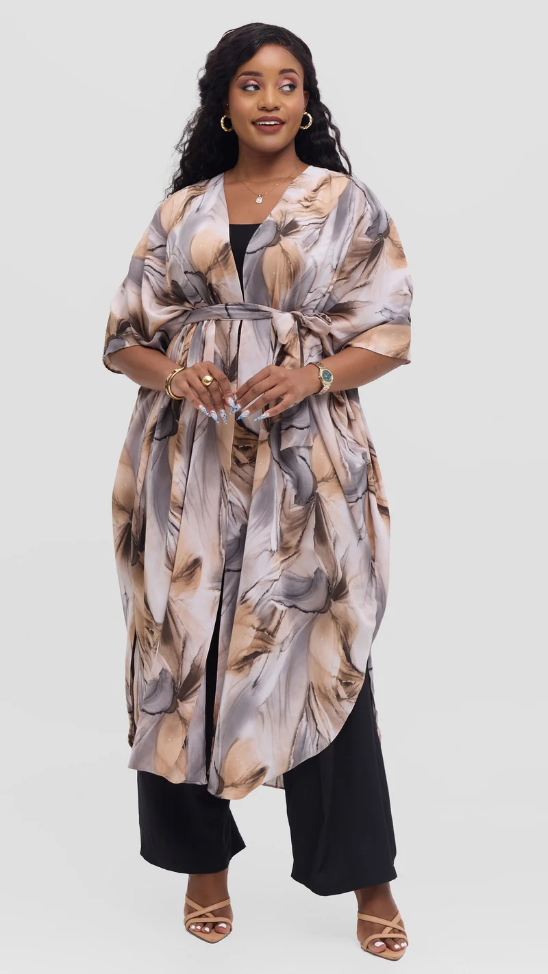Vivo Scalloped Kimono in Crepe - Brown / Grey Print