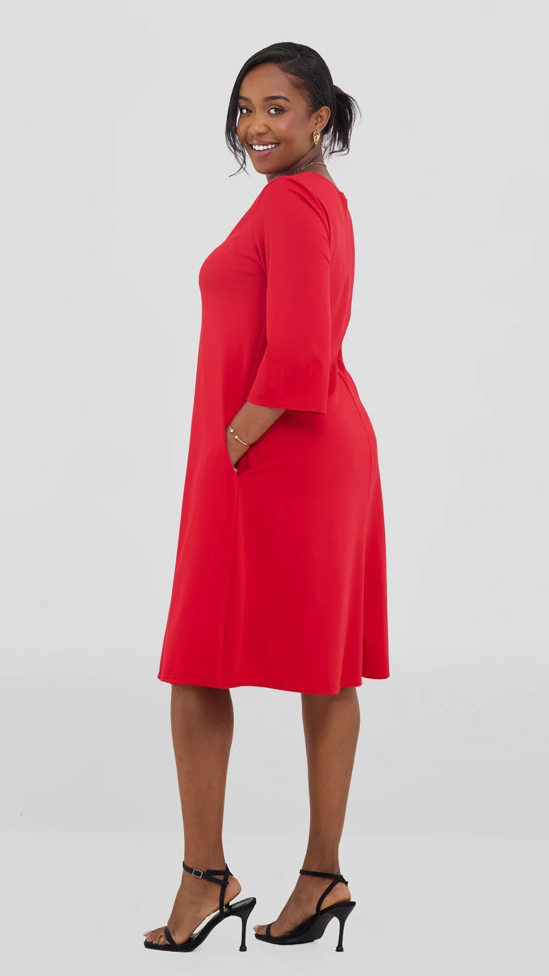 Vivo Basic 3/4 Sleeve Kena Tent Knee Length Dress - Red