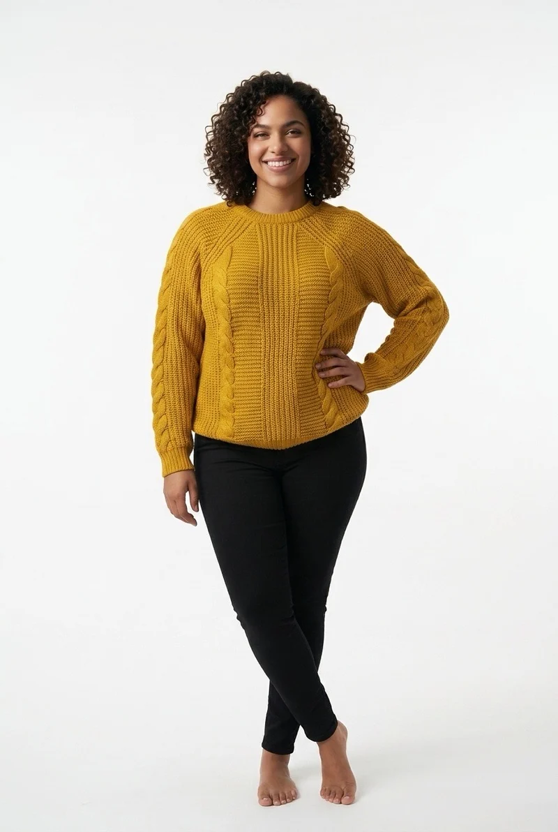 Stylish Sisters Cable Knit Crewneck Sweater - Mustard Yellow