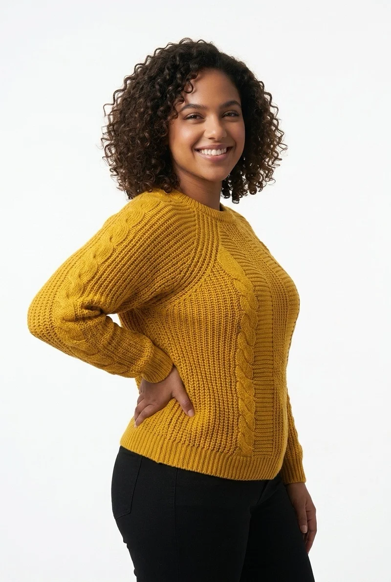 Stylish Sisters Cable Knit Crewneck Sweater - Mustard Yellow