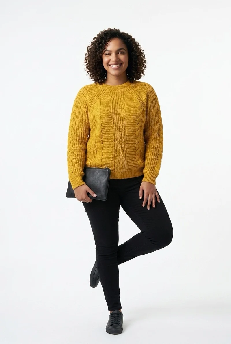 Stylish Sisters Cable Knit Crewneck Sweater - Mustard Yellow