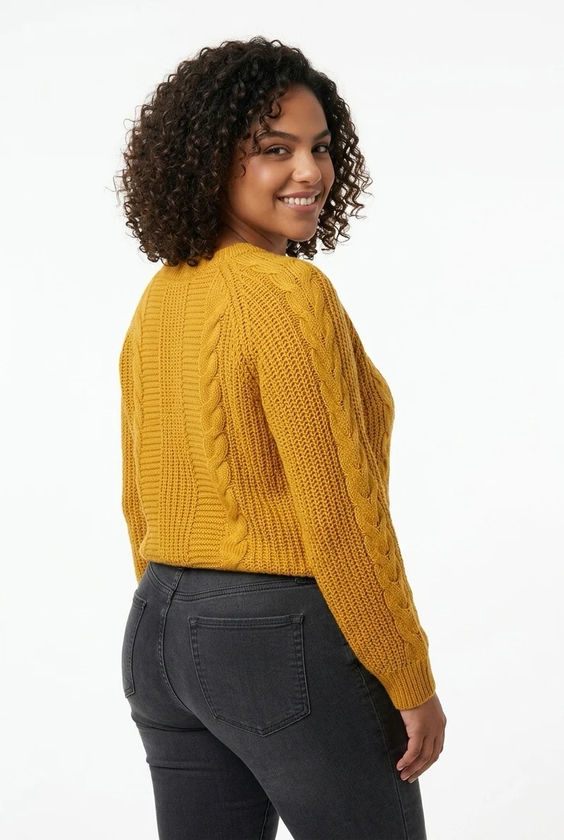 Stylish Sisters Cable Knit Crewneck Sweater - Mustard Yellow