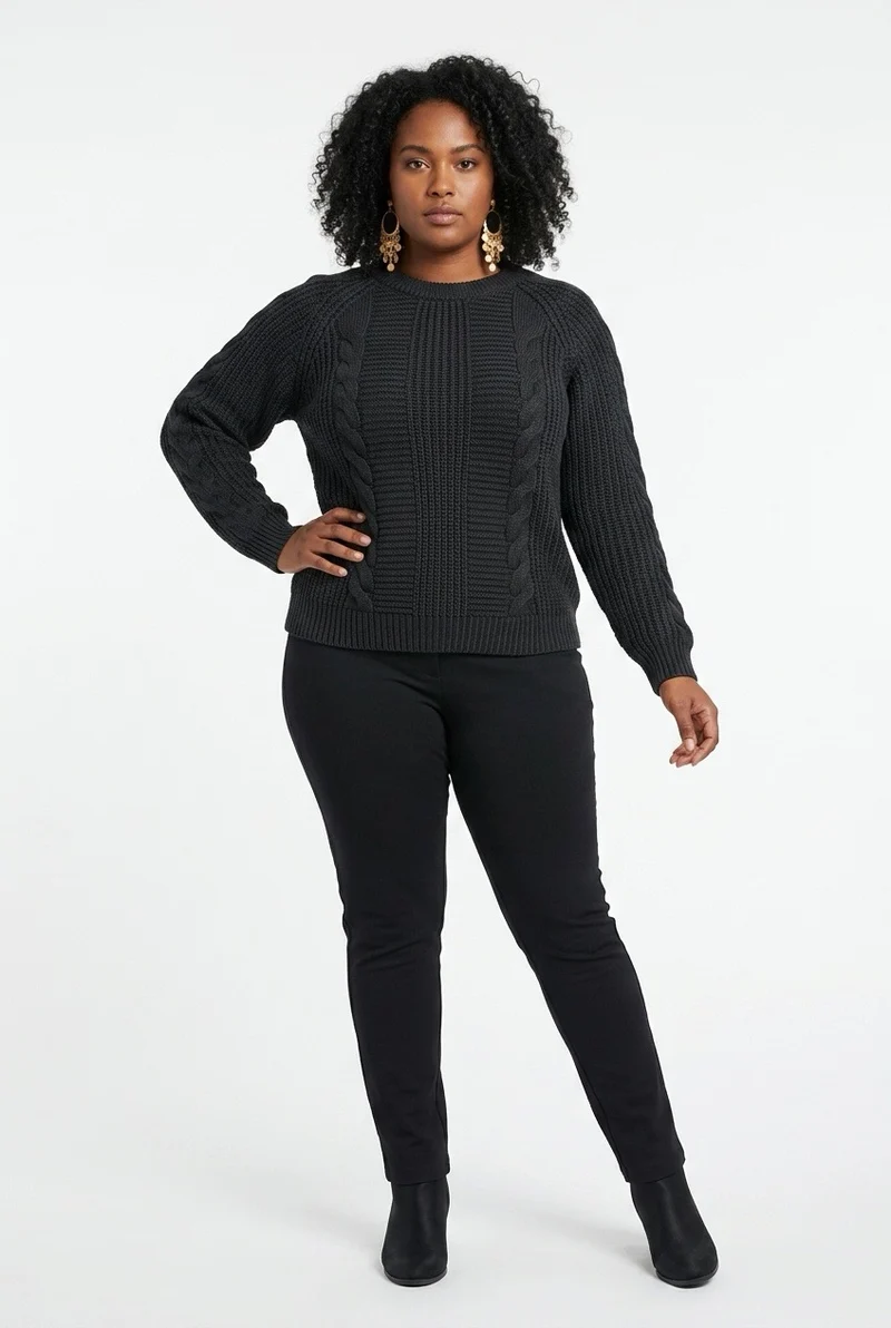 Stylish Sisters Cable Knit Crewneck Sweater - Black