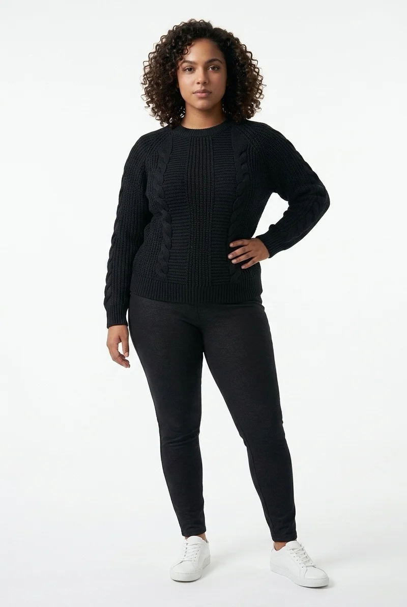 Stylish Sisters Cable Knit Crewneck Sweater - Black