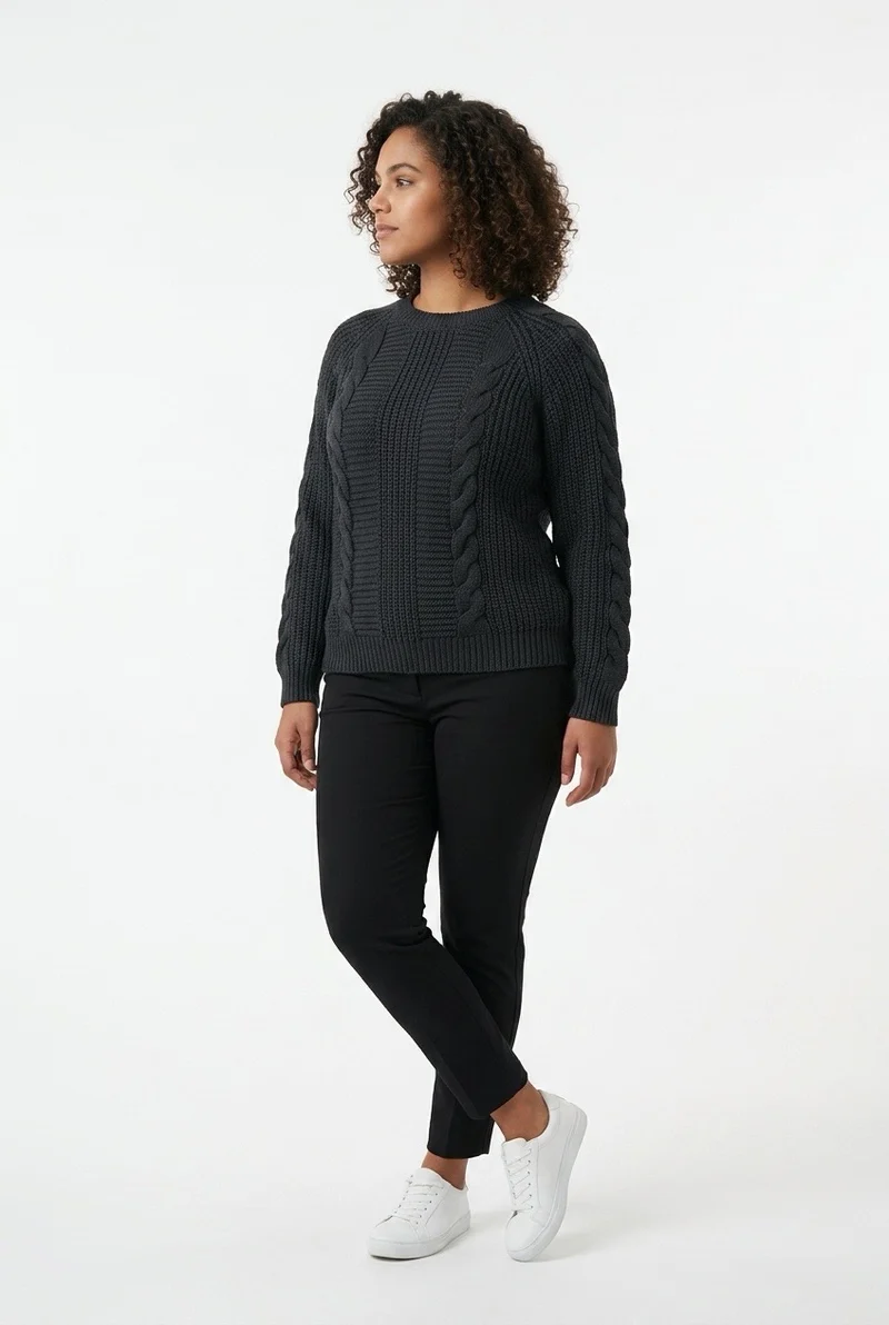 Stylish Sisters Cable Knit Crewneck Sweater - Black