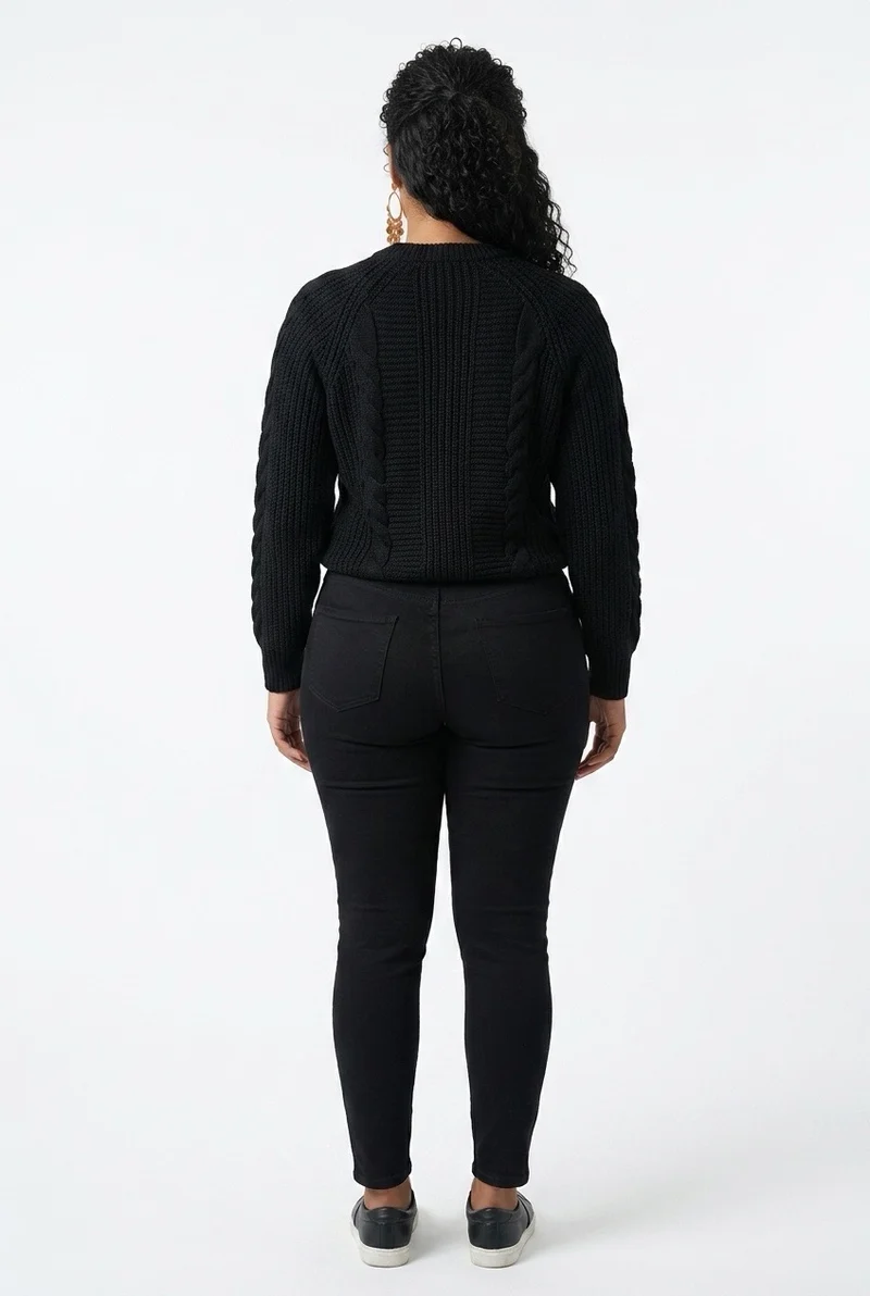 Stylish Sisters Cable Knit Crewneck Sweater - Black