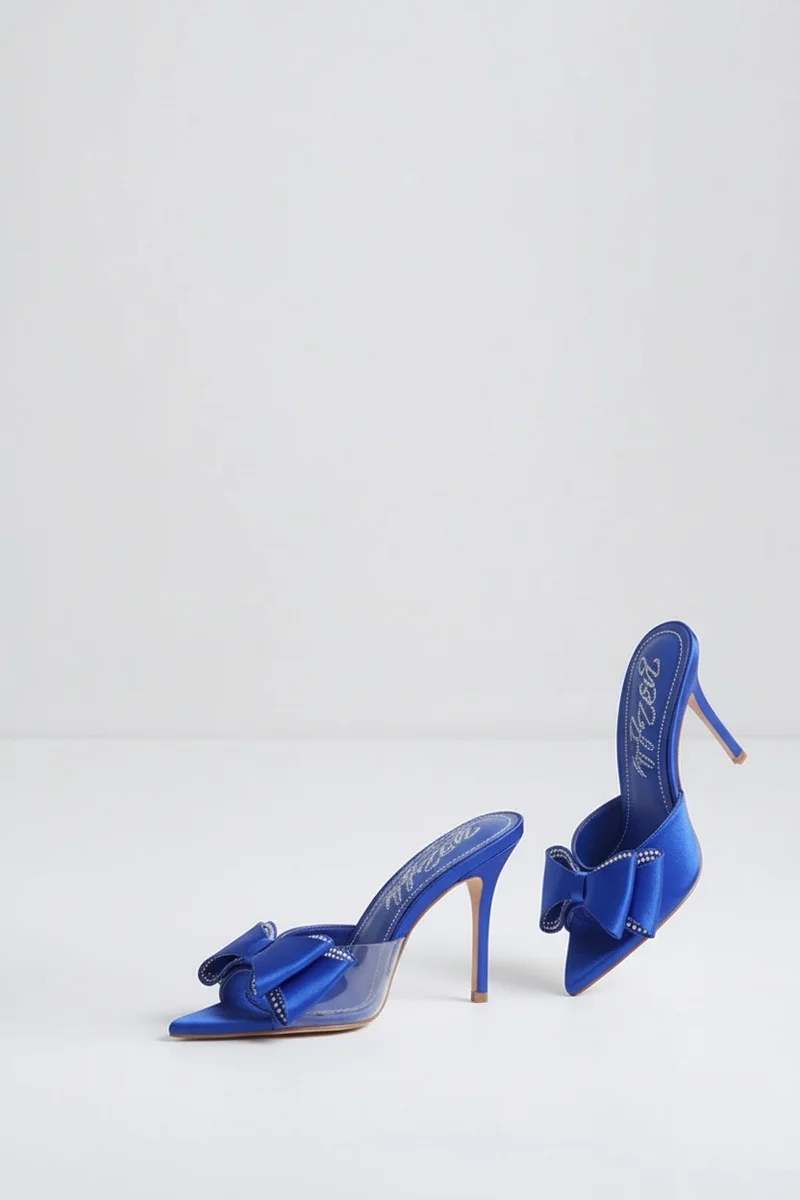 Stylish Sisters Rhinestone Bow Pointy High Heels - Blue