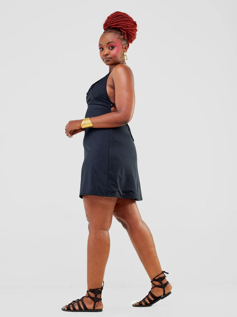 Zoya Party Cowl Bare Back Mini Dress - Black
