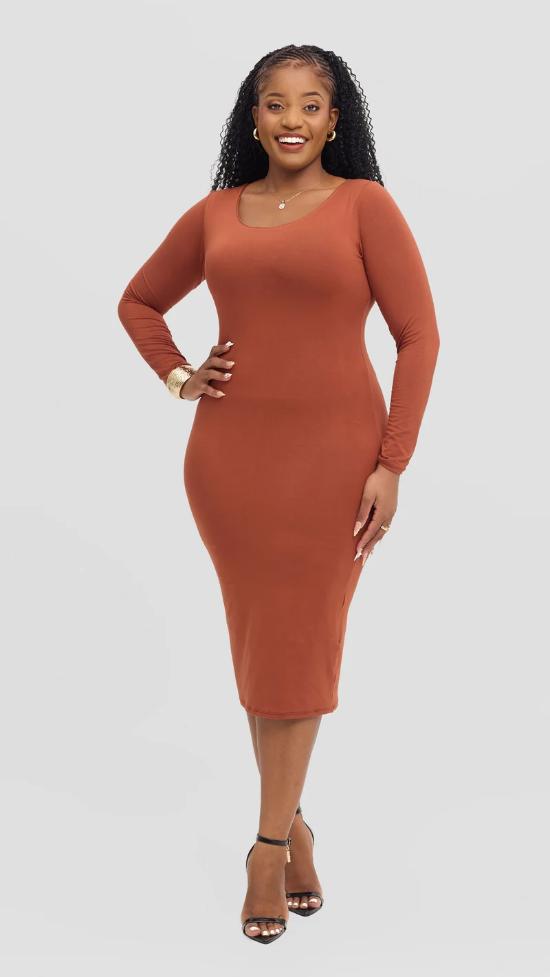 Vivo Scoop Neck Bodycon in Jersey - Rust