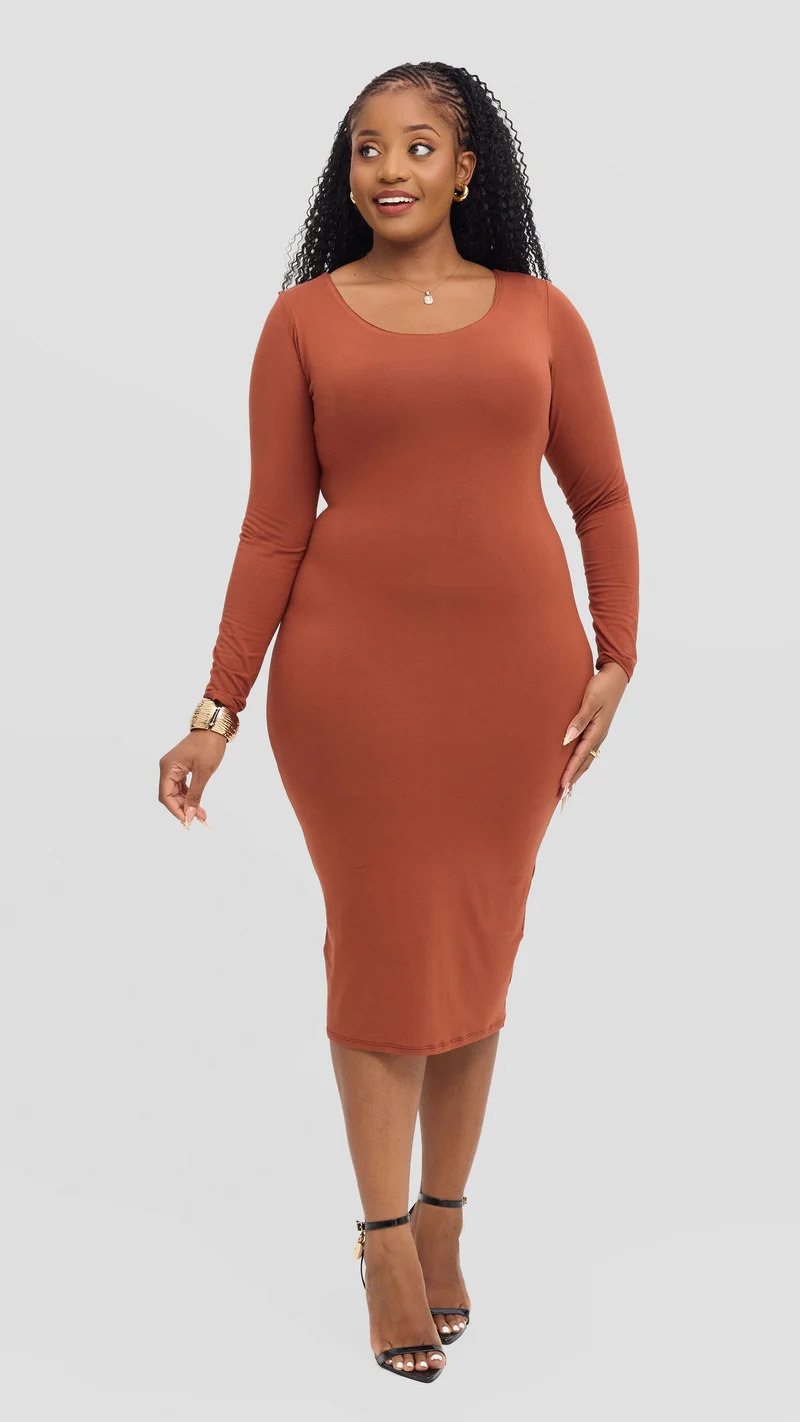 Vivo Scoop Neck Bodycon in Jersey - Rust