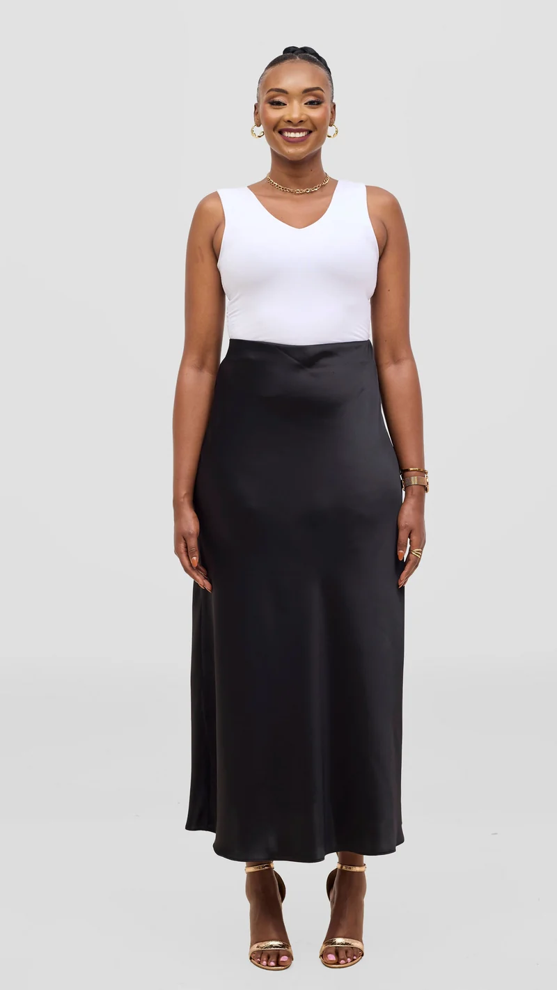 Vivo Talia Maxi Slip Skirt in Satin- Black