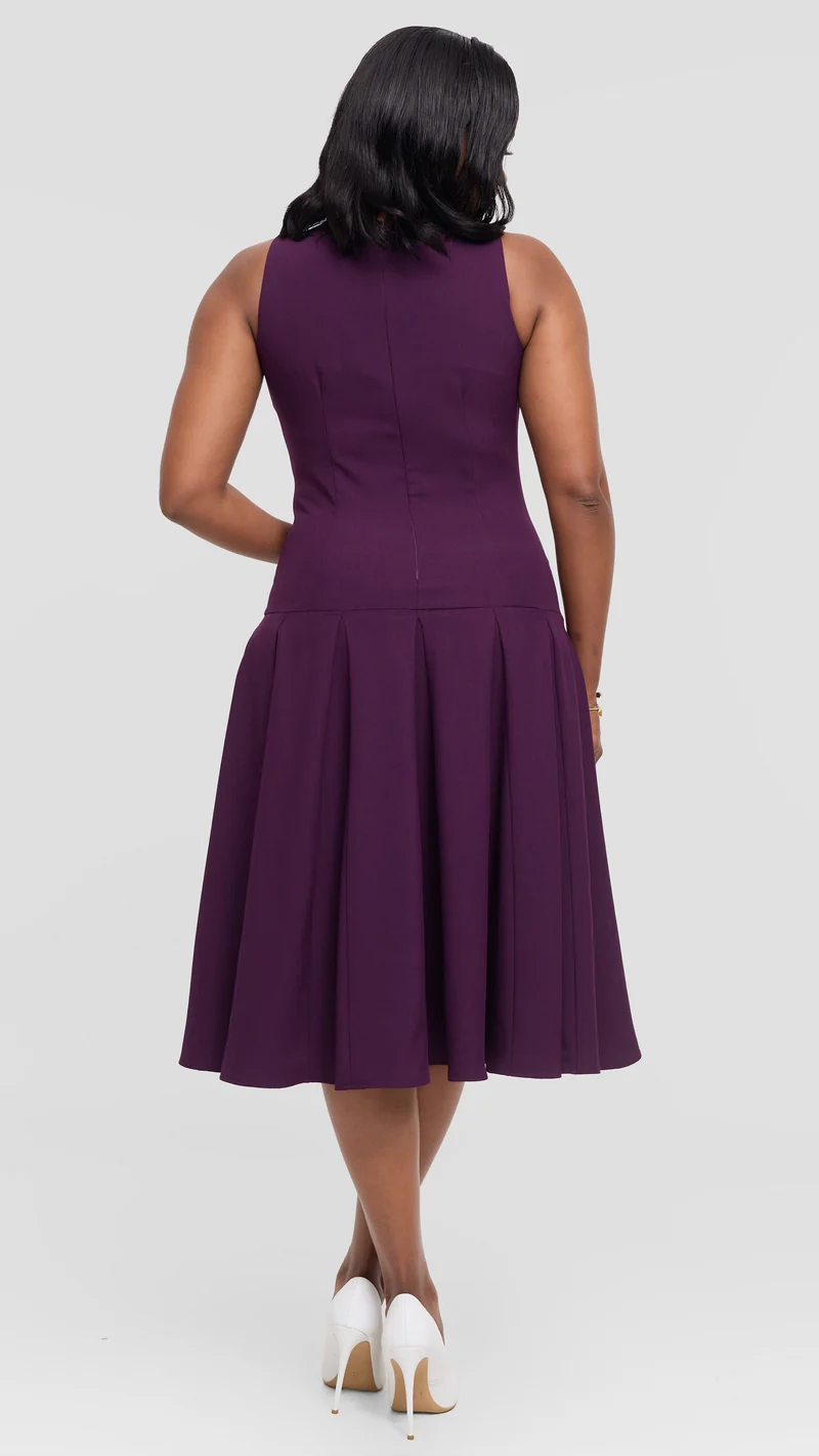 Vivo Godet Midi Dress in Crepe - Dark Purple