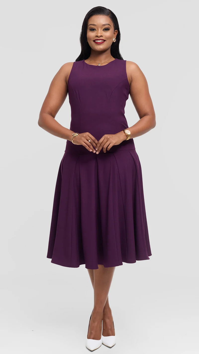 Vivo Godet Midi Dress in Crepe - Dark Purple