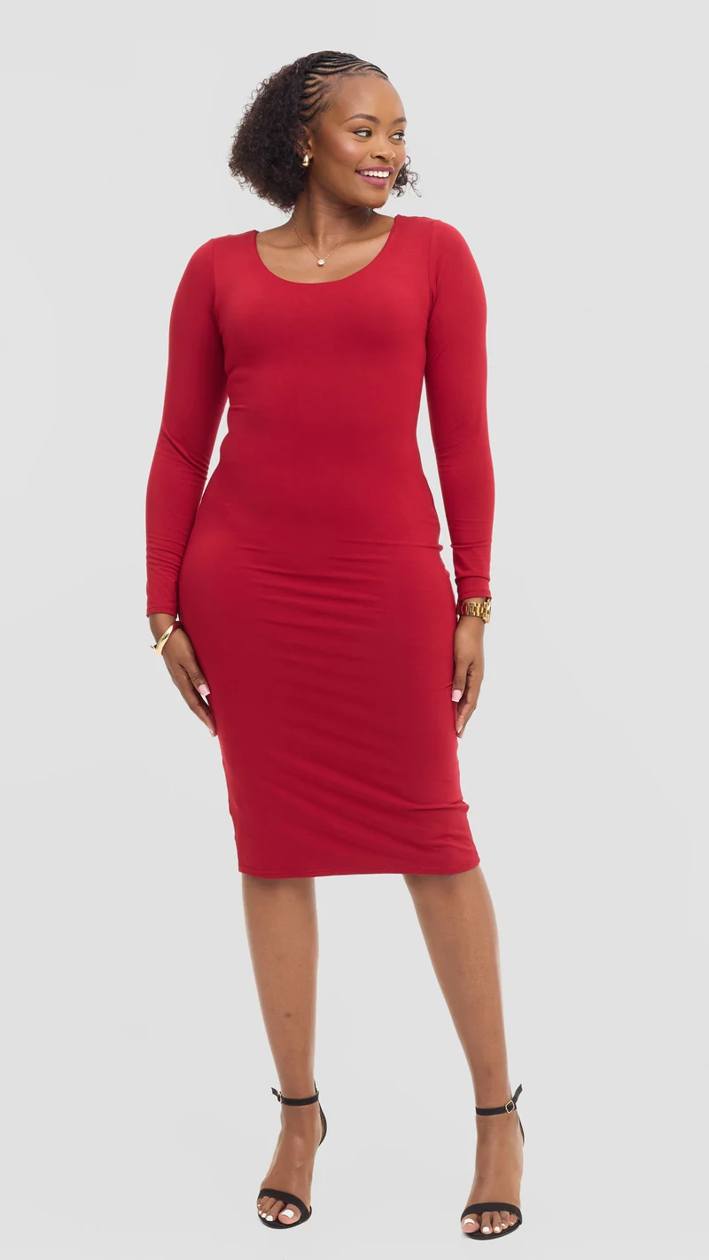 Vivo Scoop Neck Bodycon in Jersey - Dark Red