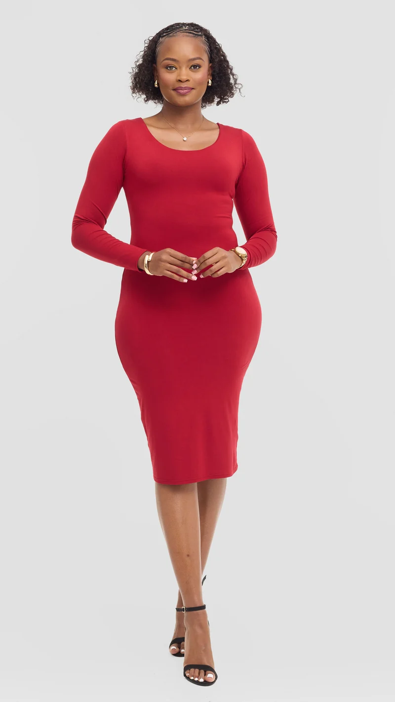 Vivo Scoop Neck Bodycon in Jersey - Dark Red