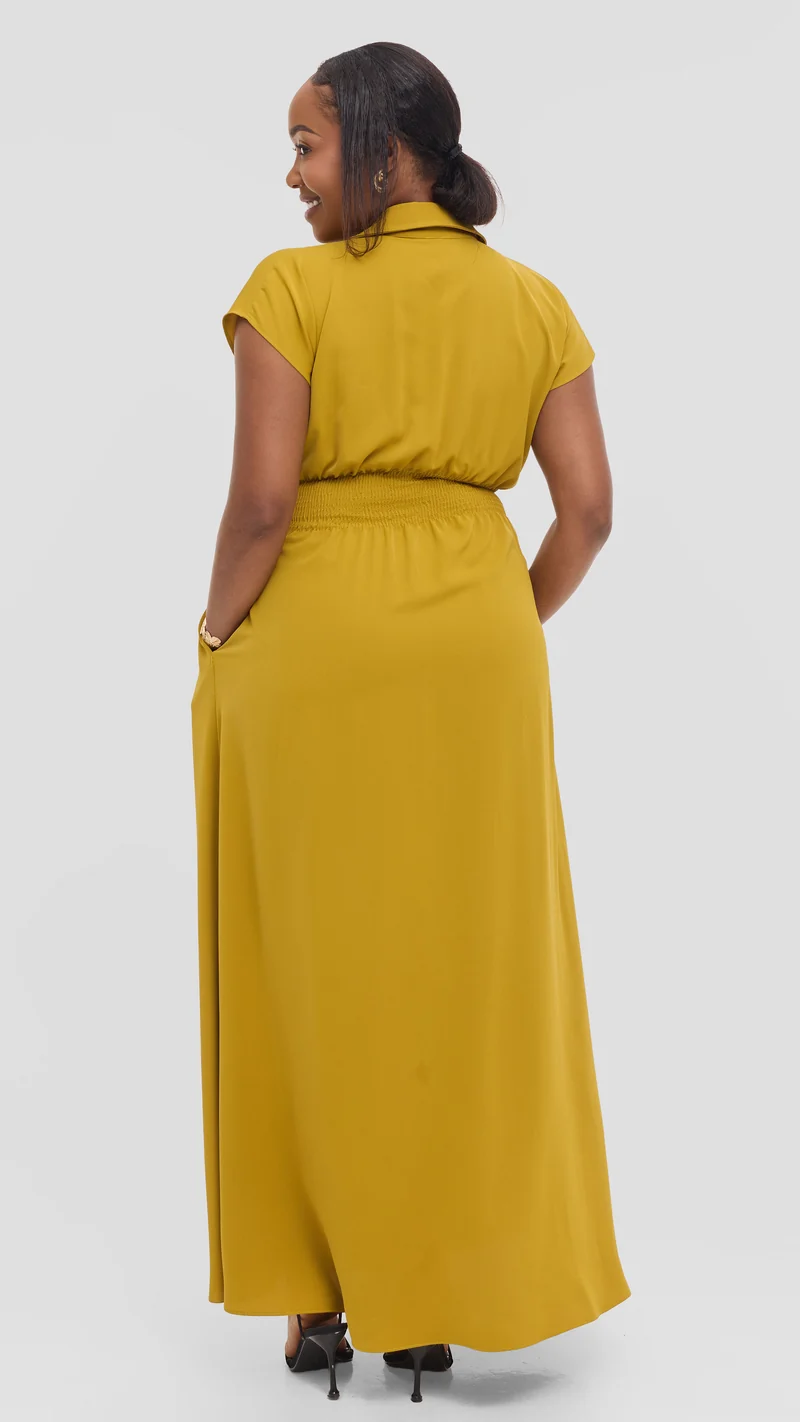 Vivo Zena Shirred Waist Maxi Shirt Dress in Crepe - Light Olive