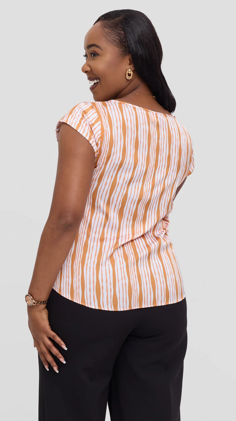 Vivo Basic Cap Sleeve Top in Satin - White / Orange Huwa Print