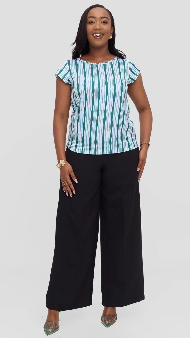 Vivo Basic Cap Sleeve Top in Satin - White / Teal Huwa Print