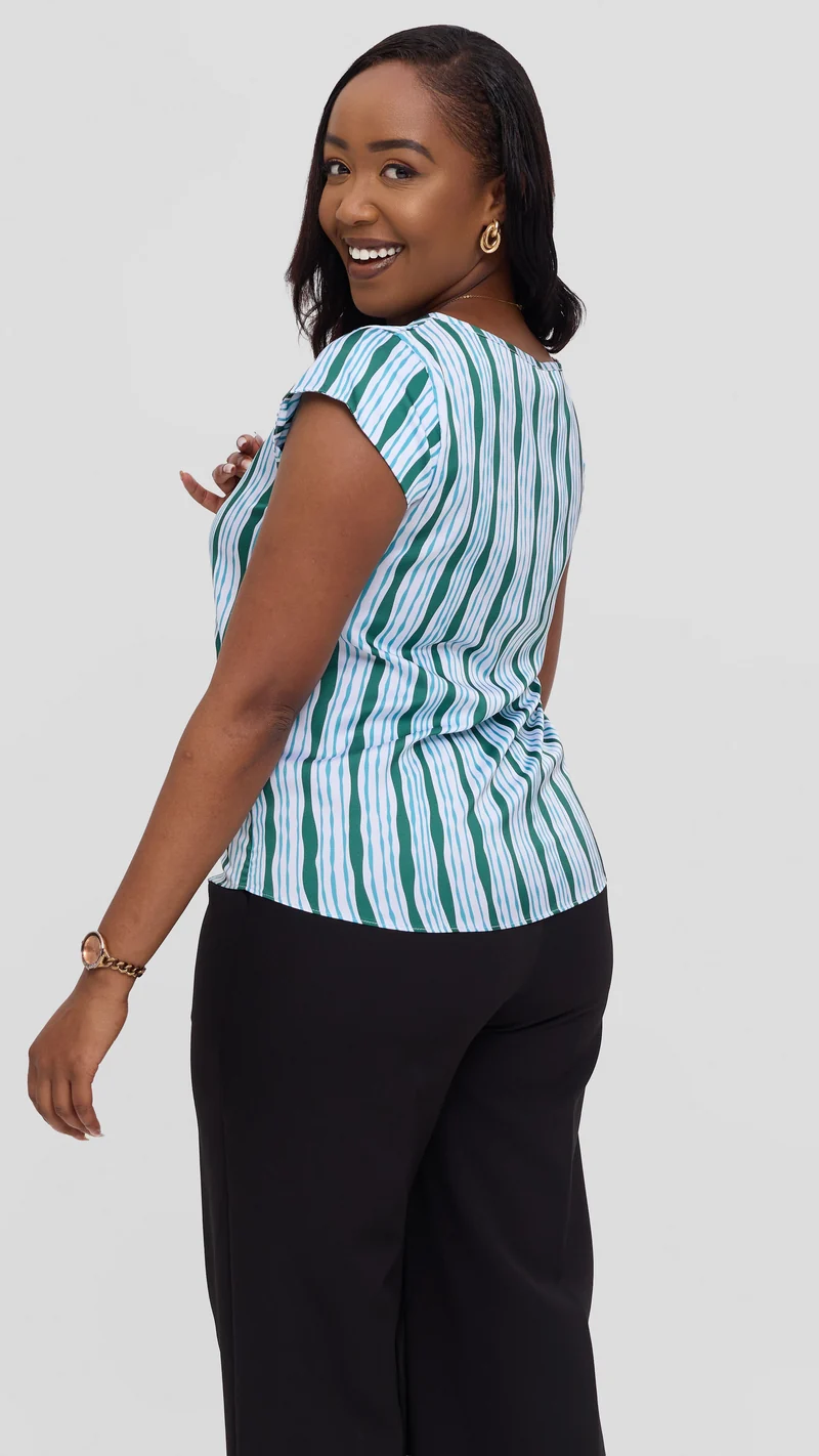 Vivo Basic Cap Sleeve Top in Satin - White / Teal Huwa Print