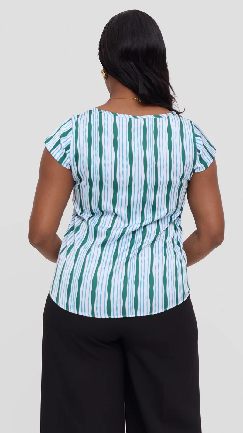 Vivo Basic Cap Sleeve Top in Satin - White / Teal Huwa Print