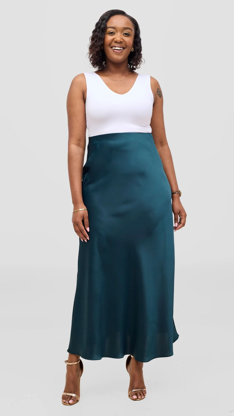 Vivo Talia Maxi Slip Skirt in Satin - Dark Green